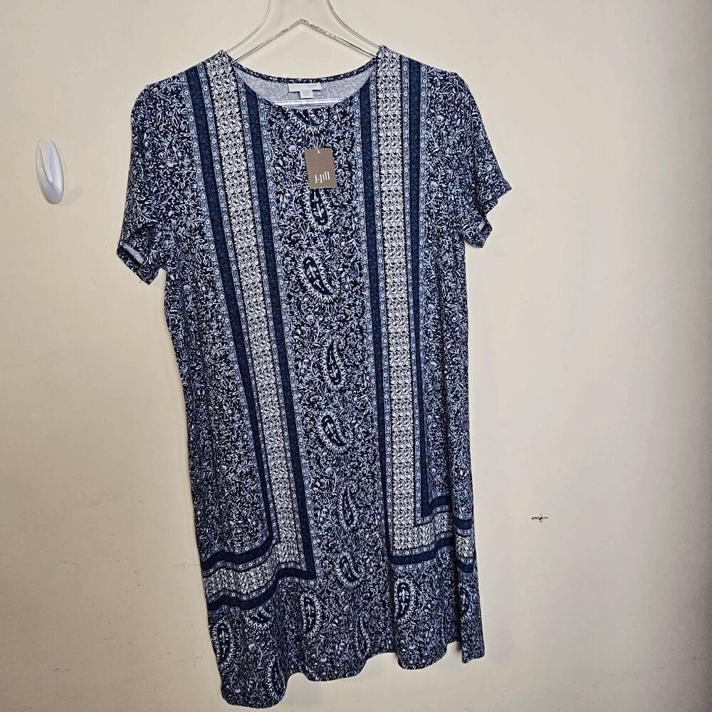 J Jill Border Paisley Print Floral Short Sleeve Shift Dress NWT Womens Blue Whit